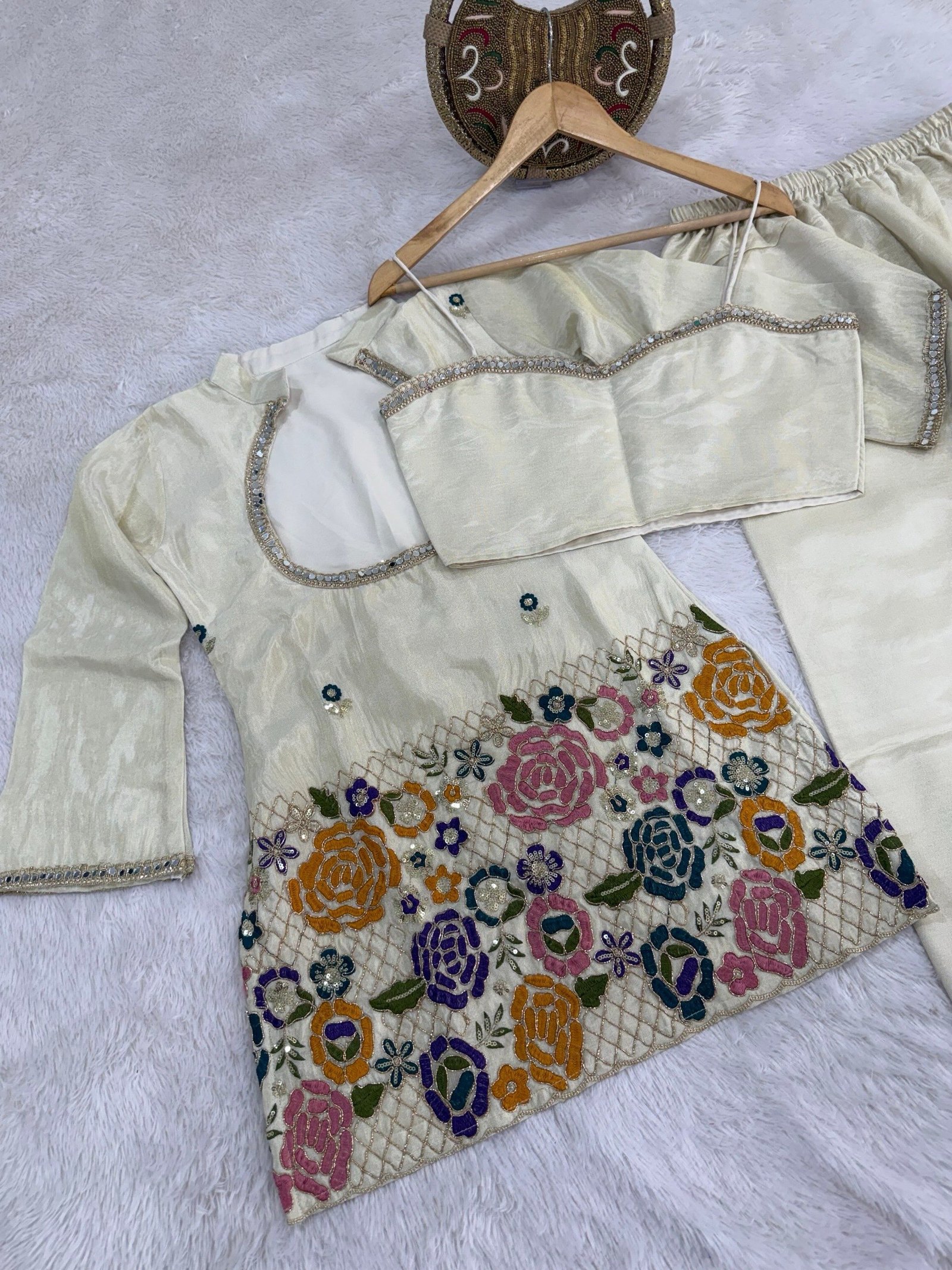 Cream Silk Short Kurti with Inner & Palazzo Set image 5