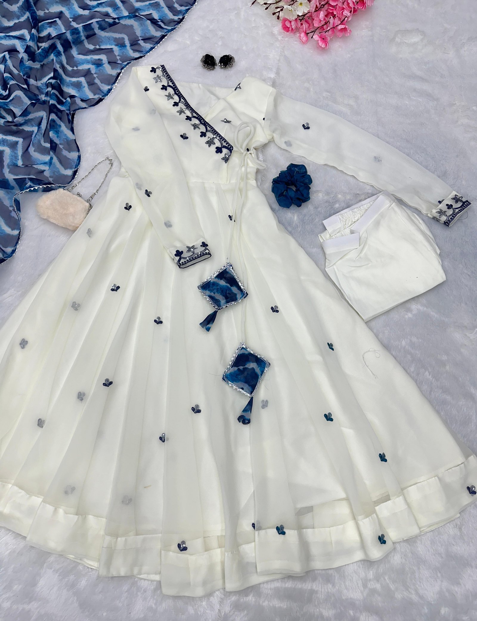 Off-White Angrakha Anarkali Suit Set with Blue Tie-Dye Dupatta & Pant image 3