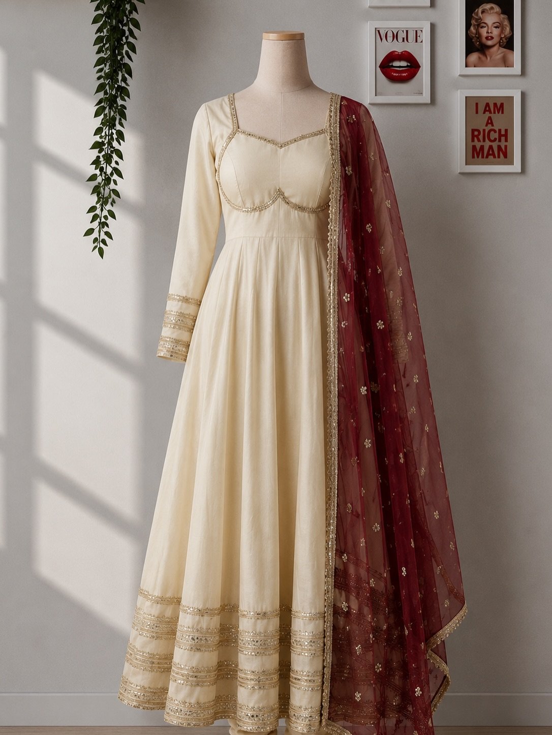 Beige Silk Anarkali Suit Set with Maroon Sequin Net Dupatta image 3