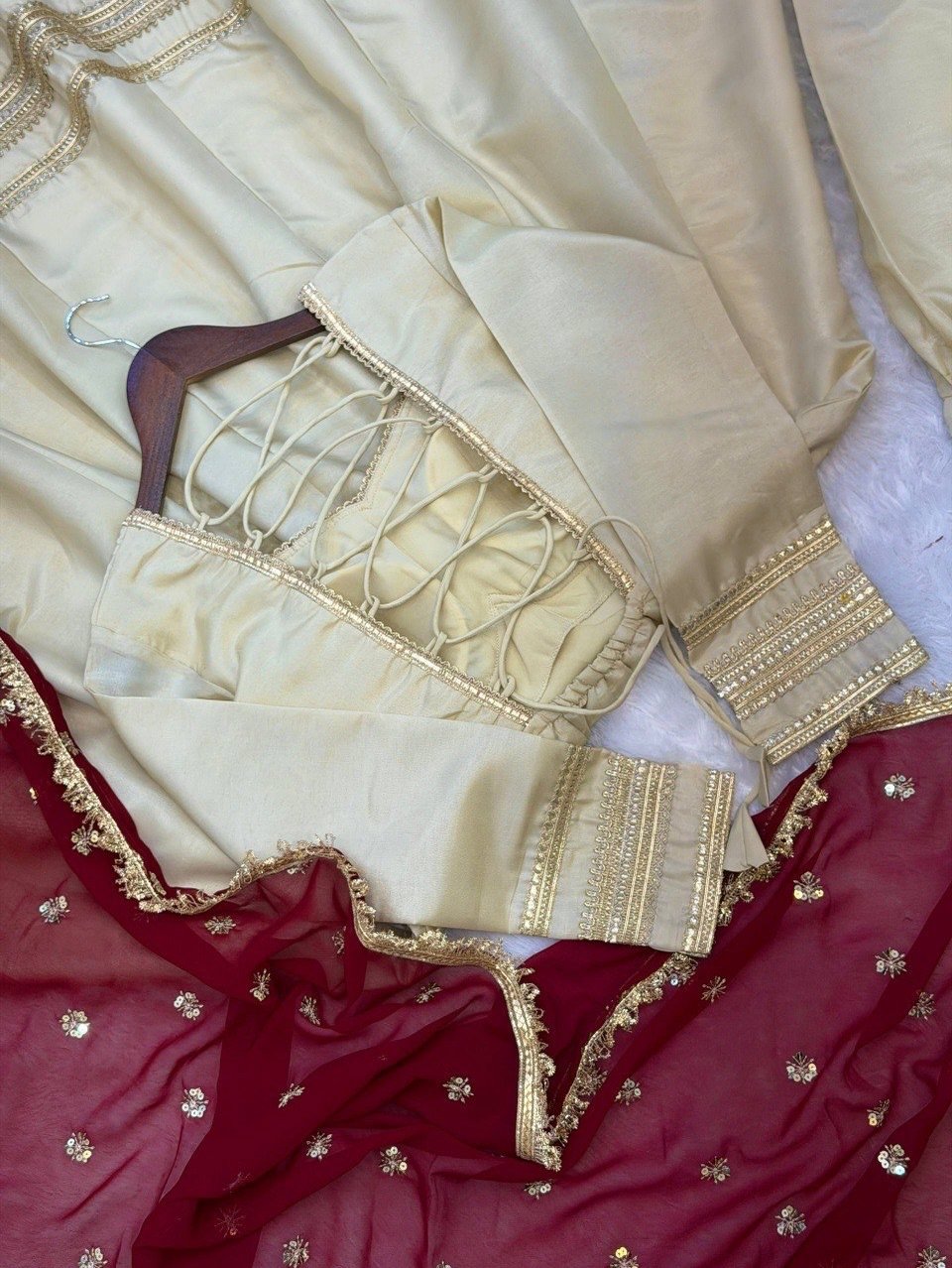 Beige Silk Anarkali Suit Set with Maroon Sequin Net Dupatta image 5