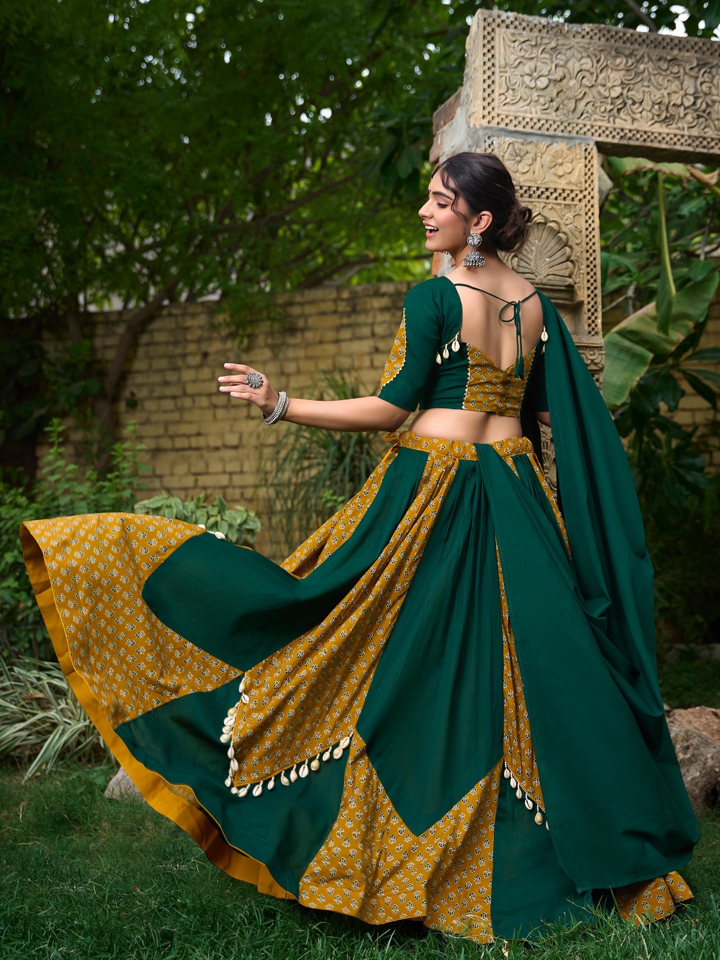 Bottle Green & Mustard Yellow Printed Cotton Chaniya Choli Set image 3
