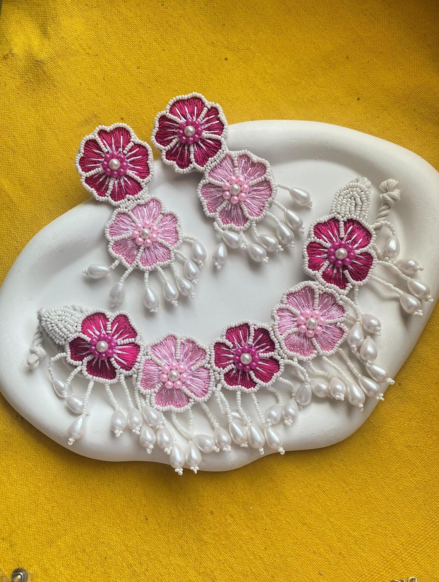 Handcrafted Pink Floral Thread & Bead Fabric Jewelry Set image 2