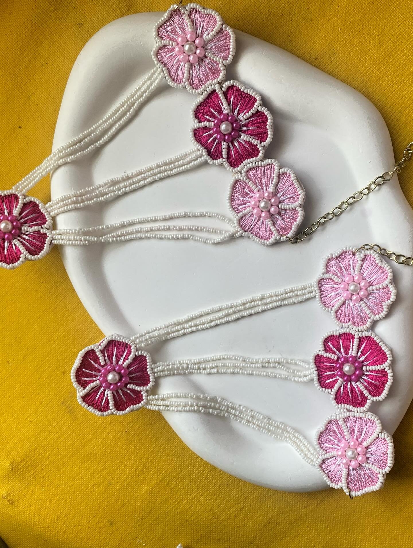 Handcrafted Pink Floral Thread & Bead Fabric Jewelry Set image 4