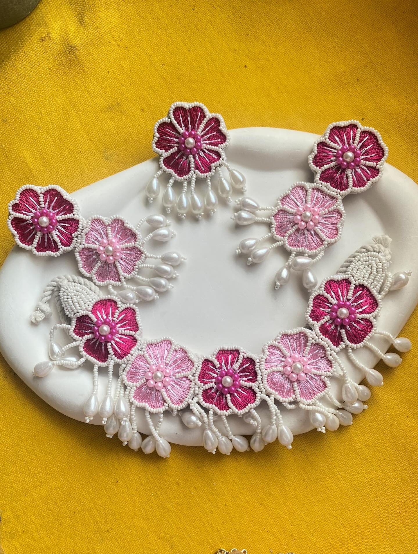 Handcrafted Pink Floral Thread & Bead Fabric Jewelry Set image 5